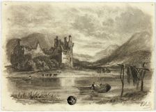 Fishermen Drying Nets before Castle, c. 1855. Creator: Elizabeth Murray