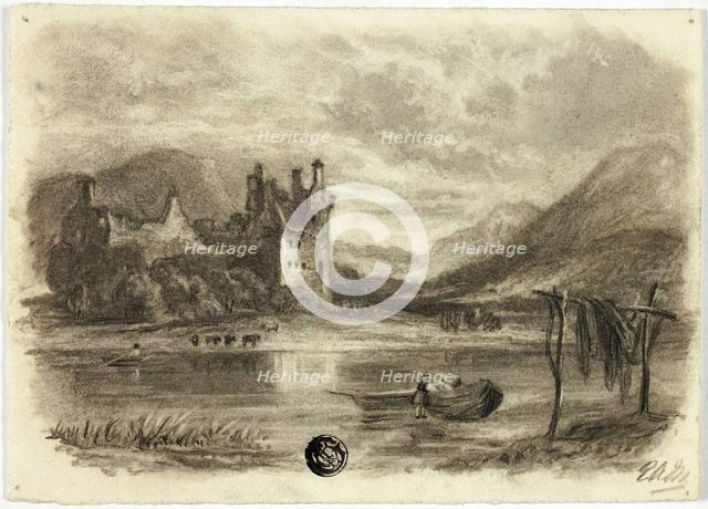 Fishermen Drying Nets before Castle, c. 1855. Creator: Elizabeth Murray.