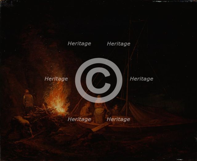Fishermen lighting a campfire, 1810. Creator: Alexander Lauréus.