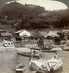Fishing village of Obatake on the Inland Sea, looking north to the terraced rice fields, Japan, 1904Artist: Underwood & Underwood