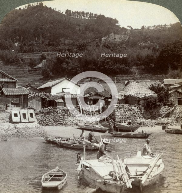 Fishing village of Obatake on the Inland Sea, looking north to the terraced rice fields, Japan, 1904Artist: Underwood & Underwood