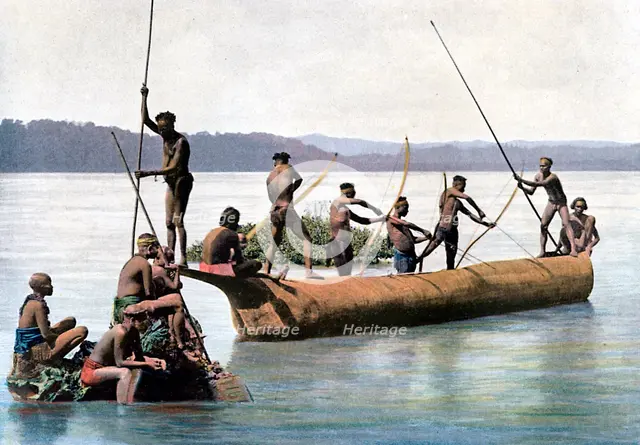 Fishing with a bow, Andaman and Nicobar Islands, Indian Ocean, c1890.Artist: Gillot