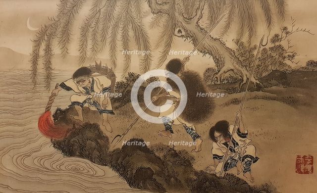 Fishing with a lighted torch. From the series The Ainu, Second Half of the 19th cen.. Creator: Hirasawa, Byozan (1822-1876).