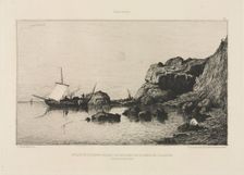 Fishing boat making a port of call at the rocks of Collioure, 1878. Creator: Adolphe Appian (French, 1818-1898); Alfred Cadart