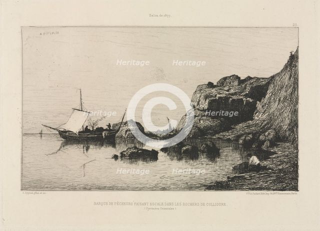 Fishing boat making a port of call at the rocks of Collioure, 1878. Creator: Adolphe Appian (French, 1818-1898); Alfred Cadart.