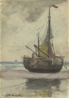 Fishing boat on the beach with reefed sail, 1885-1960. Creator: Gerhard Munthe