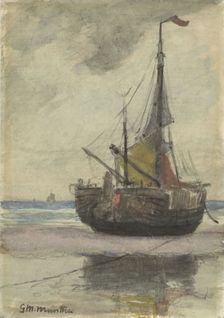 Fishing boat on the beach with reefed sail, 1885-1960. Creator: Gerhard Munthe
