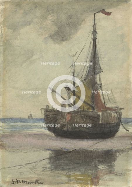 Fishing boat on the beach with reefed sail, 1885-1960. Creator: Gerhard Munthe.