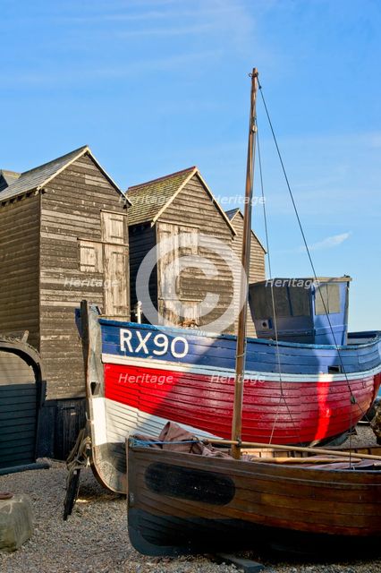 Fishing boat on the beach in front of the 'net shops', Hastings, East Sussex, c1980-c2017. Artist: Historic England Staff Photographer.