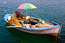 Fishing boat, Sami, Kefalonia, Greece. Creator: Peter Thompson