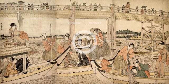 Fishing Boats with Nets under Ryogoku Bridge, 1790s. Creator: Kitagawa Utamaro.