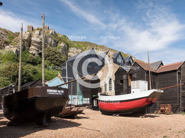 Fishing boats and net shops, Stade Beach, Hastings, East Sussex, c2010s. Creator: Steven Baker.