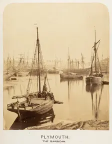 Fishing boats in the harbour at Plymouth, with the Barbican in the background, 1855-1860. Creator: WJ Cox