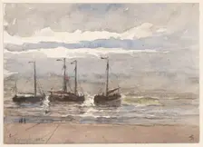 Fishing boats on the beach of Katwijk at rising tide, 1882. Creator: Carel Nicolaas Storm