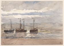 Fishing boats on the beach of Katwijk at rising tide, 1882. Creator: Carel Nicolaas Storm