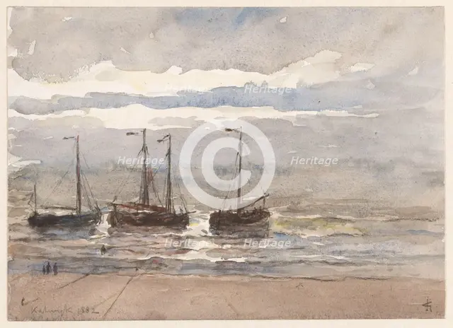 Fishing boats on the beach of Katwijk at rising tide, 1882. Creator: Carel Nicolaas Storm.