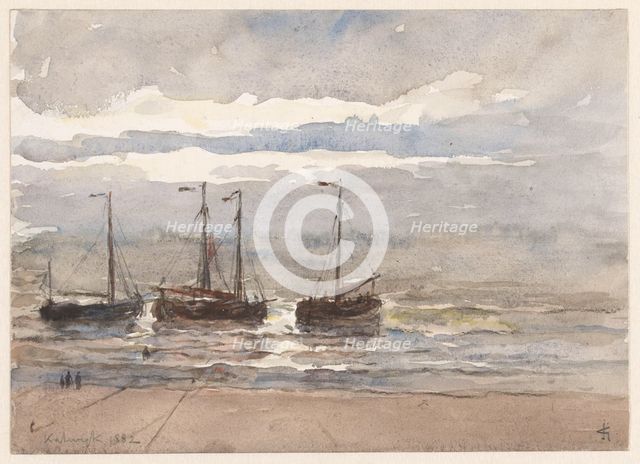 Fishing boats on the beach of Katwijk at rising tide, 1882. Creator: Carel Nicolaas Storm.