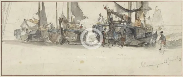 Fishing boats on the beach of Scheveningen, 1839. Creator: Willem Roelofs.