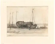 Fishing boats on the beach of Scheveningen, 1873. Creator: Johannes Bosboom