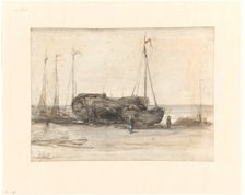 Fishing boats on the beach of Scheveningen, 1873. Creator: Johannes Bosboom