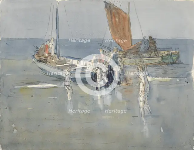 Fishing boats on the beach of Scheveningen, 1874-1927. Creator: Johan Antonie de Jonge.
