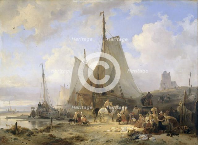 Fishing Boats on the Beach with Fishermen and Women Sorting the Catch, 1835. Creator: Wijnand Nuyen.