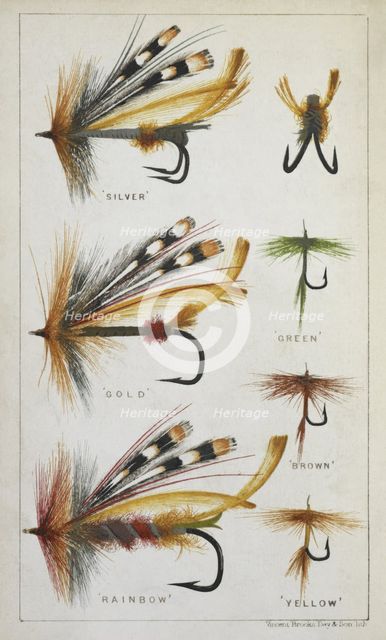 Fishing flies and hooks, 1875. Creator: Harry Cholmondeley Pennell.