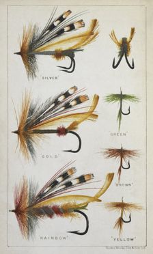 Fishing flies and hooks, 1875. Creator: Harry Cholmondeley Pennell