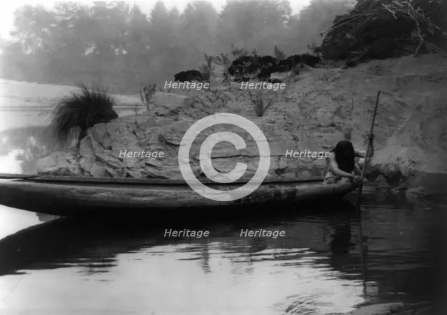 Fishing from canoe-Hupa, 1923. Creator: Edward Sheriff Curtis.