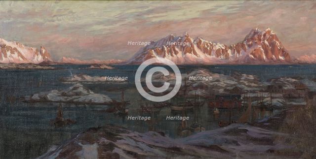 Fishing Harbour with Sunlit Mountains. Study from North Norway, c1900s. Creator: Anna Katarina Boberg.