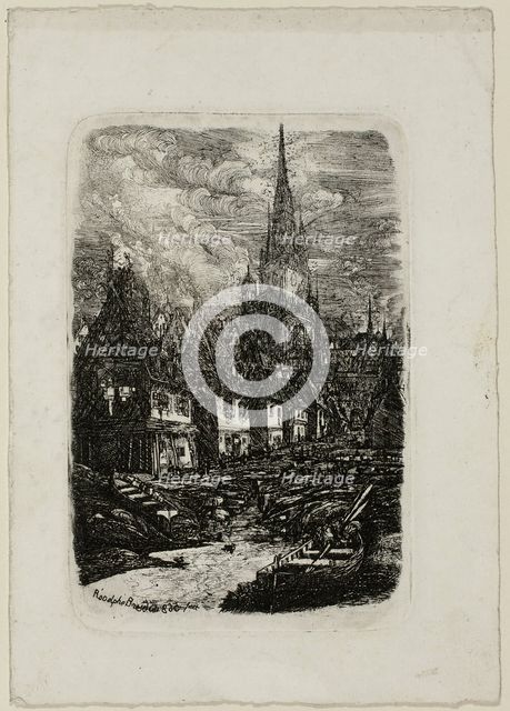 Fishing Port with Pointed Belltower, 1865. Creator: Rodolphe Bresdin.