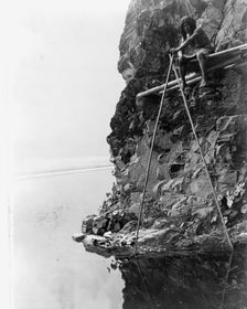 Fishing platform on Trinity River-Hupa, c1923. Creator: Edward Sheriff Curtis