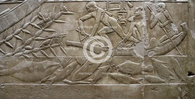 Fishing scene relief, Mastaba of Kagemni, Saqqara, Egypt, Old Kingdom, 6th Dynasty, 2350 BC (2003). Creator: Unknown.