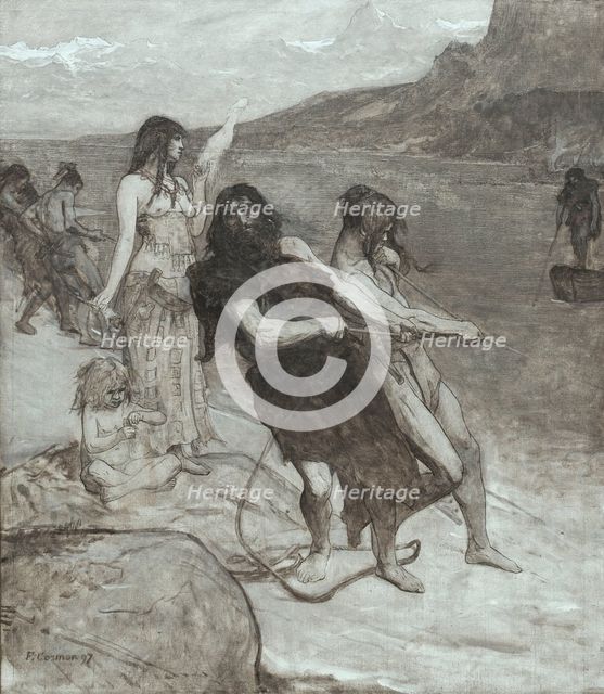 Fishing, sketch for the amphitheatre of palaeontology at the Museum of Natural History in Paris,1897 Creator: Fernand Cormon.