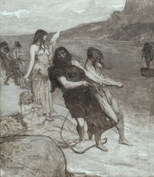 Fishing, sketch for the amphitheatre of palaeontology at the Museum of Natural History in Paris,1897 Creator: Fernand Cormon
