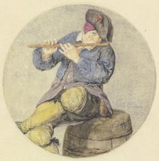 Flute player sitting on a barrel, 1689. Creator: Cornelis Dusart