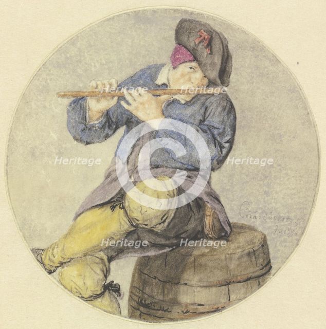 Flute player sitting on a barrel, 1689. Creator: Cornelis Dusart.