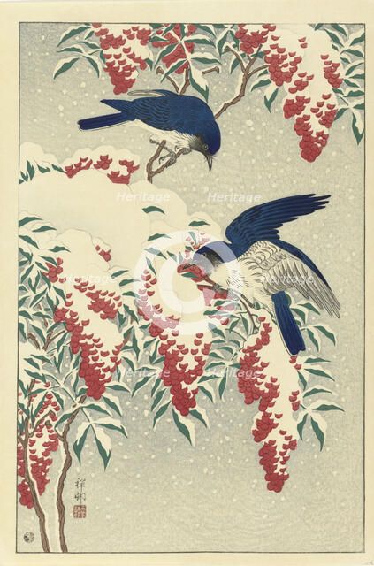 Flycatchers on the sacred bamboo, 1925-1936. Creator: Ohara, Koson (1877-1945).