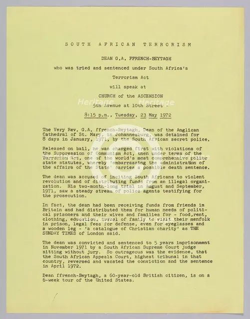 Flyer announcing a speech by Dean G.A. FFrench-Beytagh, 1972. Creator: Unknown.