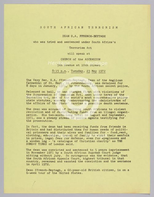 Flyer announcing a speech by Dean G.A. FFrench-Beytagh, 1972. Creator: Unknown.