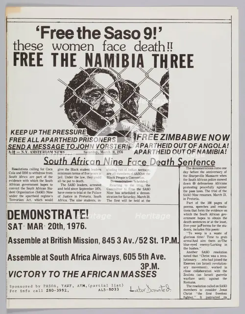 Flyer announcing "free the Saso 9" protest, 1976. Creator: Unknown.