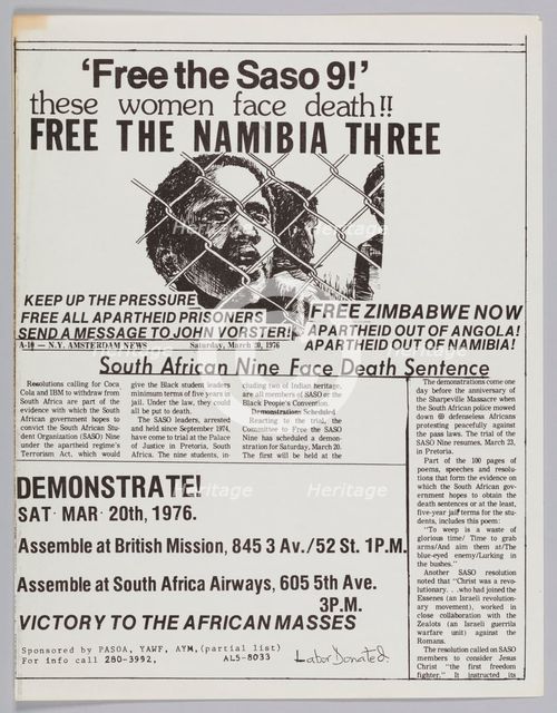 Flyer announcing "free the Saso 9" protest, 1976. Creator: Unknown.