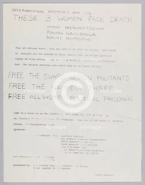 Flyer about the Namibia Three and International Women's Day 1976, 1976. Creator: Unknown.