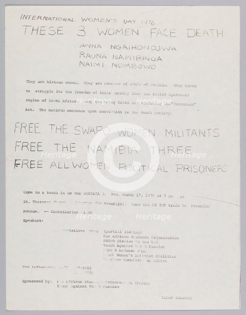 Flyer about the Namibia Three and International Women's Day 1976, 1976. Creator: Unknown.