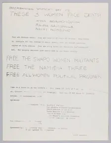 Flyer about the Namibia Three and International Women's Day 1976, 1976. Creator: Unknown