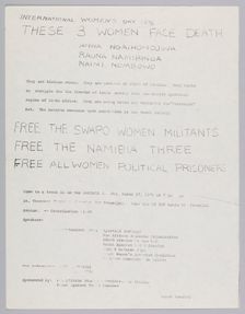 Flyer about the Namibia Three and International Women's Day 1976, 1976. Creator: Unknown