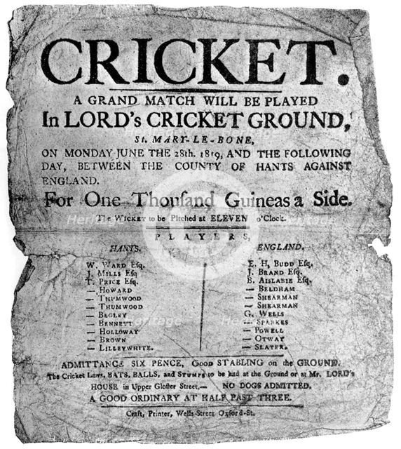 Flyer advertising a cricket match between Hampshire and England, 1819 ((1912). Artist: Unknown