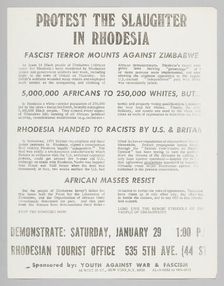 Flyer advertising a protest against slaughter in Rhodesia, January 29, 1972. Creator: Unknown