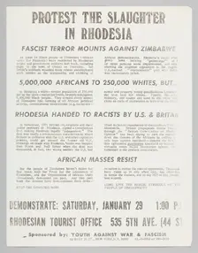 Flyer advertising a protest against slaughter in Rhodesia, January 29, 1972. Creator: Unknown