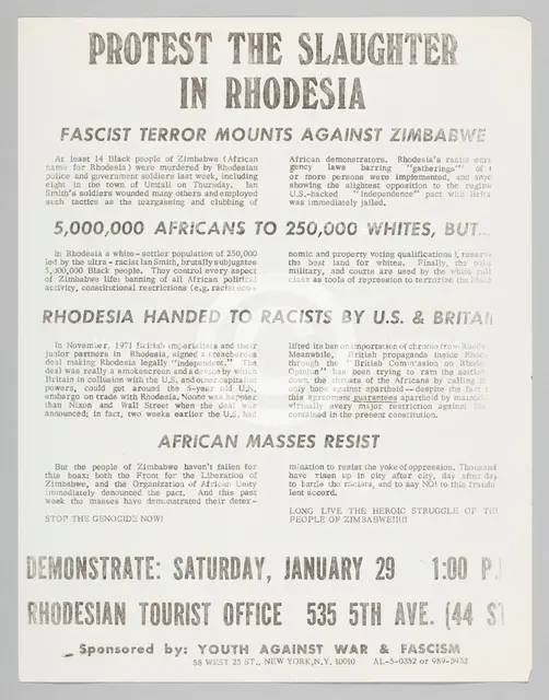 Flyer advertising a protest against slaughter in Rhodesia, January 29, 1972. Creator: Unknown.